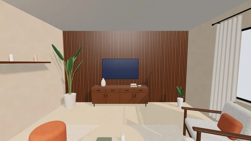 3D model of a remodeled living room, seen at eye level