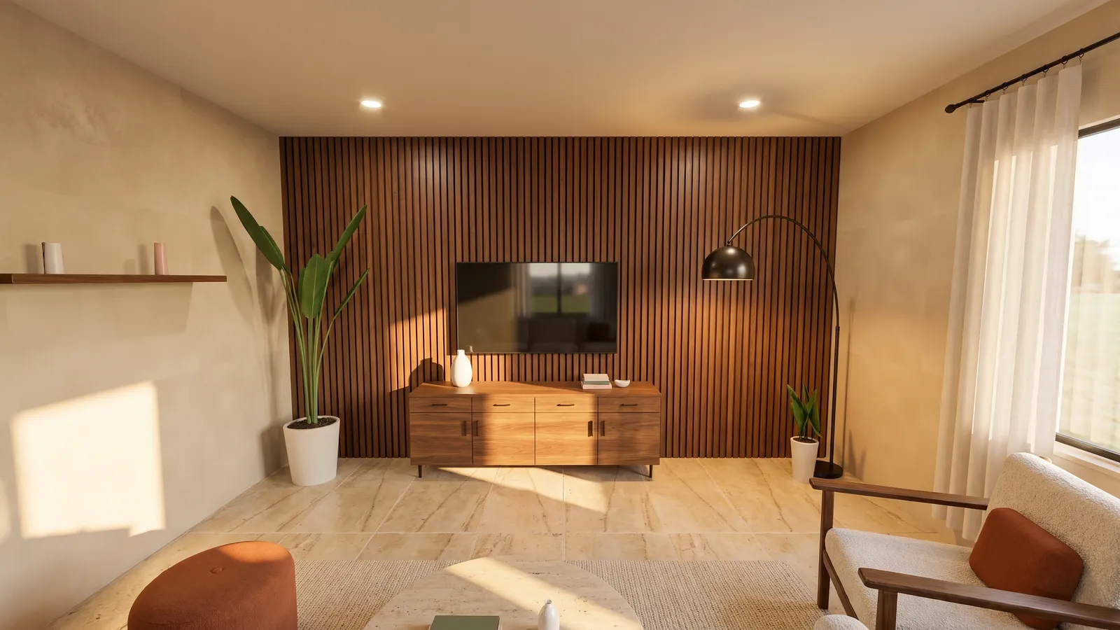 Photorealistic rendering of a remodeled living room with a walnut slat accent wall and travertine floor